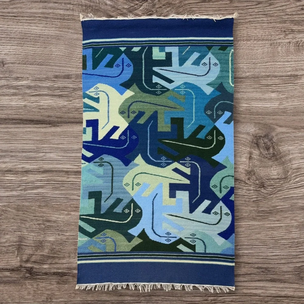 Vtg MC Escher Style Lizard Tessellation Handwoven Wool Tapestry Wall Art Blue